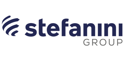 Logotipo do grupo Stefanini em fundo preto, com destaque para o logotipo do Itaú.