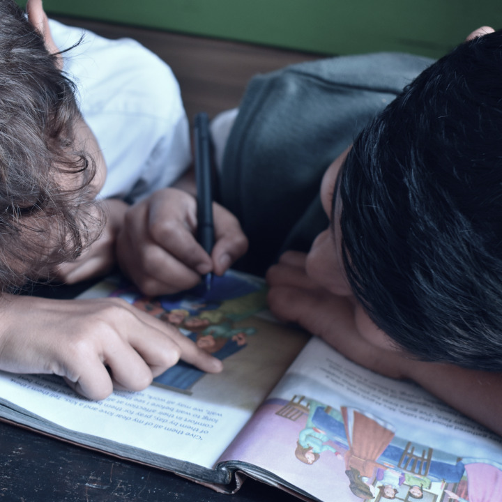 Dois meninos lendo um livro na página All Components Dev.
