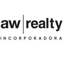 Logotipo da AW INCORPORADORA com texto em negrito e preto. As palavras "aw" e "realty" são separadas por uma linha vertical, e "incorporadora" é escrito abaixo em letras menores.