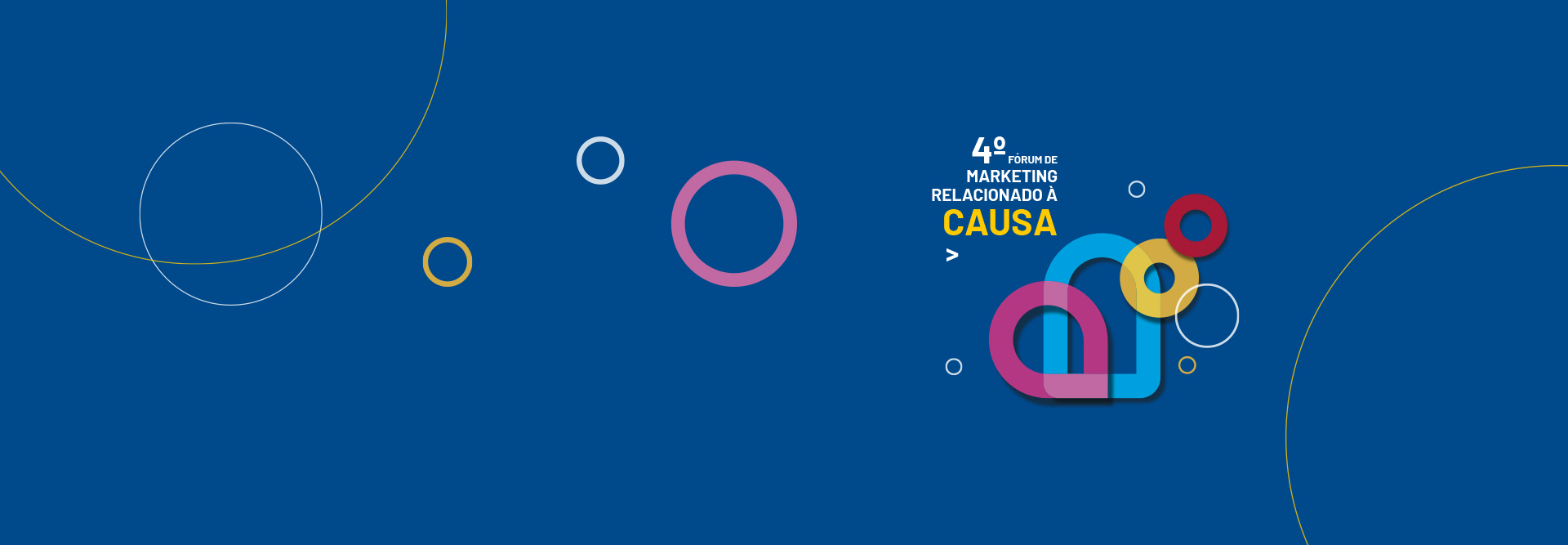 Fundo azul com círculos coloridos no Fórum Marketing de Causa.