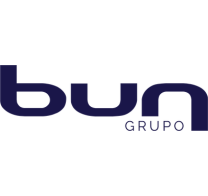 A imagem exibe o logotipo do "Grupo Bun" com "bun" em negrito, letras minúsculas arredondadas e "GRUPO" em letras maiúsculas menores logo abaixo e à direita. O texto azul escuro se destaca de forma impressionante, dando a ele uma aparência profissional.