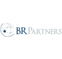 Logotipo da BR PARTNERS com um globo estilizado com pontos interconectados à esquerda do texto "BR PARTNERS" em azul e cinza, ideal para empresas de MDF que buscam uma identidade de marca moderna e profissional.