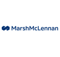 Logotipo da Marsh McLennan com um ícone geométrico azul à esquerda do nome da empresa em texto azul em um fundo branco, como visto na marca MDF 2025.