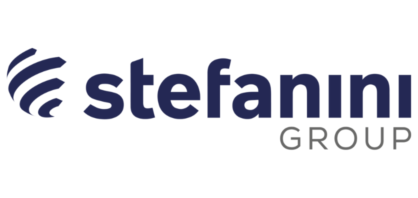 Logotipo do Grupo Stefanini com um ícone estilizado azul à esquerda e o nome da empresa "Grupo Stefanini" em negrito em azul e cinza em um fundo branco, destacando sua iniciativa MDF 2025.