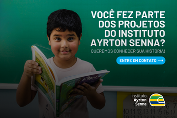 Um menino segurando um livro com os dizeres'voce fez parte dos projetos do instituto ayrton.