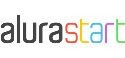 Logotipo de texto multicolorido com a grafia "AluraStart" para aprendizagem on-line.