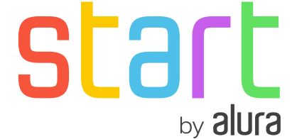 A palavra "start" em letras minúsculas coloridas é exibida acima da frase "by alura" em letras minúsculas cinzas.