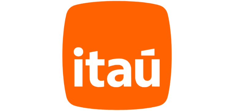 Logotipo laranja do banco Itaú sobre fundo branco.