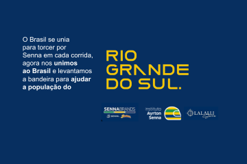 Banner com texto “Ajuda ao Rio Grande do Sul”, com texto menor em português e logotipos do SENAR-RS, Instituto Ayrton Senna e La Salle na parte inferior.