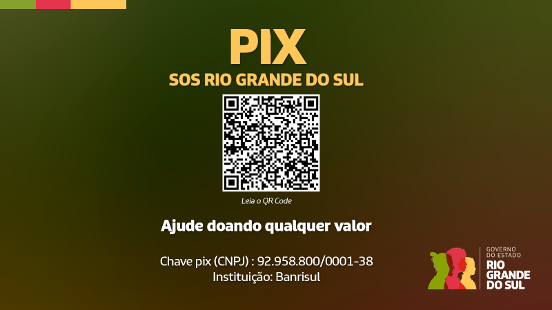 QR code para realização de doações automáticas de rascunho pix para o sos rio grande do sul, com instruções e chave pix (cnpj) abaixo em banner promocional.