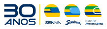 Logotipo com '30 Anos' e três emblemas circulares com desenhos azuis e verdes, acompanhados dos textos: 'SENNA', 'SENNINHA' e 'Instituto Ayrton Senna'.