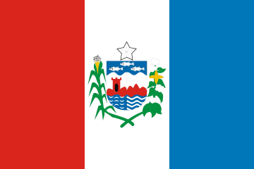 Uma bandeira com listras verticais em vermelho, branco e azul com um emblema central representando um castelo, água, plantações e uma estrela - um rascunho automático artístico que captura a essência da unidade e do orgulho.