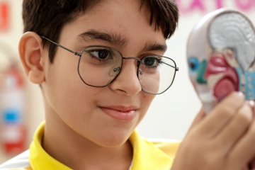 Um menino de camisa amarela e óculos examina de perto um modelo do cérebro humano, em notícia sobre edital de alfabetização.