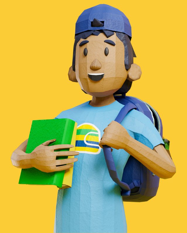Uma ilustração 3D de um menino vestindo boné azul, camiseta e mochila, segurando um livro verde. O fundo é amarelo sólido, lembrando o espírito alegre do McDia Feliz.