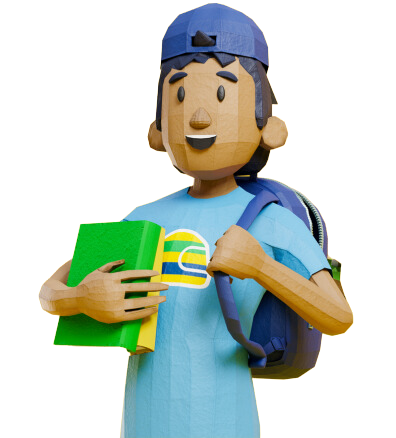 Um personagem estilizado renderizado em 3D, vestindo um boné azul virado para trás e uma camiseta azul, segurando um livro verde e carregando uma mochila azul, personifica o espírito do McDia Feliz Instituto Ayrton Senna.