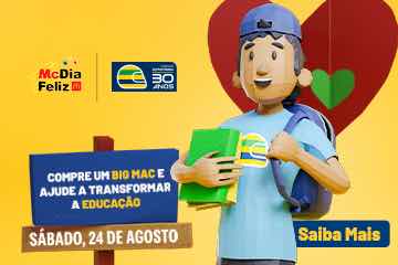 Figura de desenho animado segurando livros com texto promovendo o McDia Feliz, evento no sábado, 24 de agosto, com vendas de Big Mac em apoio à educação.