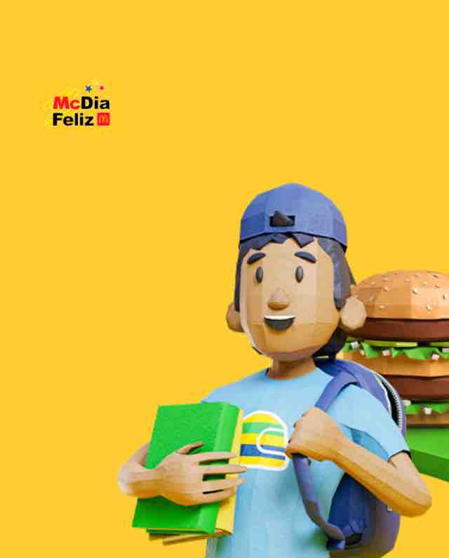 Personagem de desenho animado vestindo camisa e boné azuis segura cadernos verdes e amarelos com o logotipo do Instituto Ayrton Senna. Ao fundo, um hambúrguer e o logo “McDia Feliz” aparecem no canto superior esquerdo.