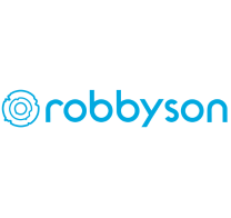 A imagem exibe o logotipo da Robbyson, com “robbyson” em letras minúsculas azuis ao lado de um ícone azul de uma engrenagem, lembrando um rascunho automático.