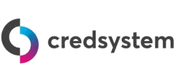 Logotipo da Credsystem com um ícone circular com segmentos em gradiente preto e magenta-azul, ao lado da palavra "credsystem" em letras minúsculas em cinza.