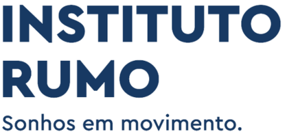 Logotipo em texto com os dizeres “INSTITUTO RUMO” e “Sonhos em movimento”, lembrando o momento da Rumo Logística, em letras azul marinho sobre fundo branco.