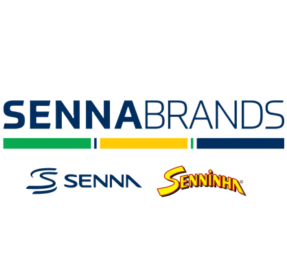 Logotipo para Senna Brands, apresentando o nome da empresa com linhas verdes, amarelas e azuis. Abaixo estão o logotipo Senna e o logotipo Senninha, dando uma sensação de rascunho automático.