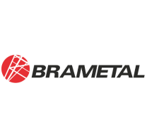 O logotipo da Brametal é um design elegante de rascunho automático, com um círculo vermelho com linhas brancas abstratas à esquerda e o nome da empresa em letras pretas em negrito à direita.