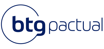 O logotipo do BTG Pactual apresenta o texto "btg pactual" em letras azul-escuras circundado por um design elegante, semelhante a um esboço automático, sobre um fundo branco.