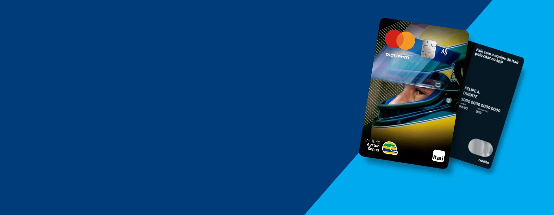 Dois cartões de crédito de cor escura com gráficos e logotipos de capacetes de corrida repousam sobre um fundo azul, apoiando orgulhosamente o Instituto Ayrton Senna.