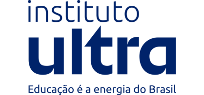 Logotipo do Instituto Ultra, com desenho rascunho automático, com o texto "Educação é a energia do Brasil" elegantemente exibido abaixo em fonte azul.