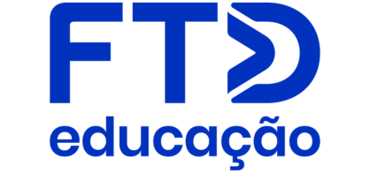 Logotipo azul da “FTD Educação” com letras em negrito e desenho de seta estilizada dentro do “D”, lembrando um conceito de rascunho automático.