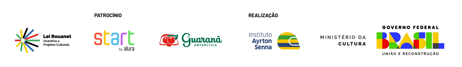Logotipos das entidades patrocinadoras e organizadoras do Seminário Alfabetização 360º, incluindo Lei Rouanet, Start by Aura, Guaraná Antarctica, Instituto Ayrton Senna, Ministério da Cultura e Governo Federal Brasil.