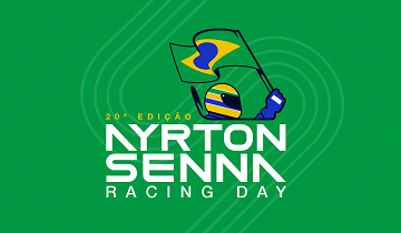 Ilustração de um capacete e uma luva de corrida segurando uma bandeira brasileira com o texto: "20ª Edição Ayrton Senna Racing Day" em um fundo verde, celebrando o espírito do Ayrton Senna Racing Day.