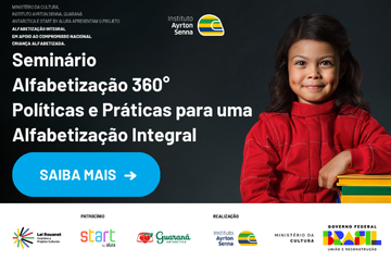 Uma jovem de suéter vermelho sentada ao lado de uma pilha de livros. Texto do evento promove um seminário de alfabetização do Instituto Ayrton Senna e parceiros.