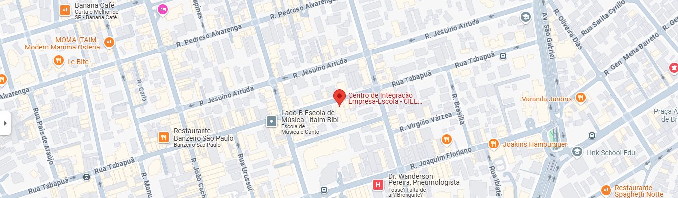 Mapa mostrando a localização do Centro de Integração Empresa-Escola (CIEE), ruas próximas, empresas e pontos de interesse relacionados ao Seminário Alfabetização 360º em São Paulo, Brasil.