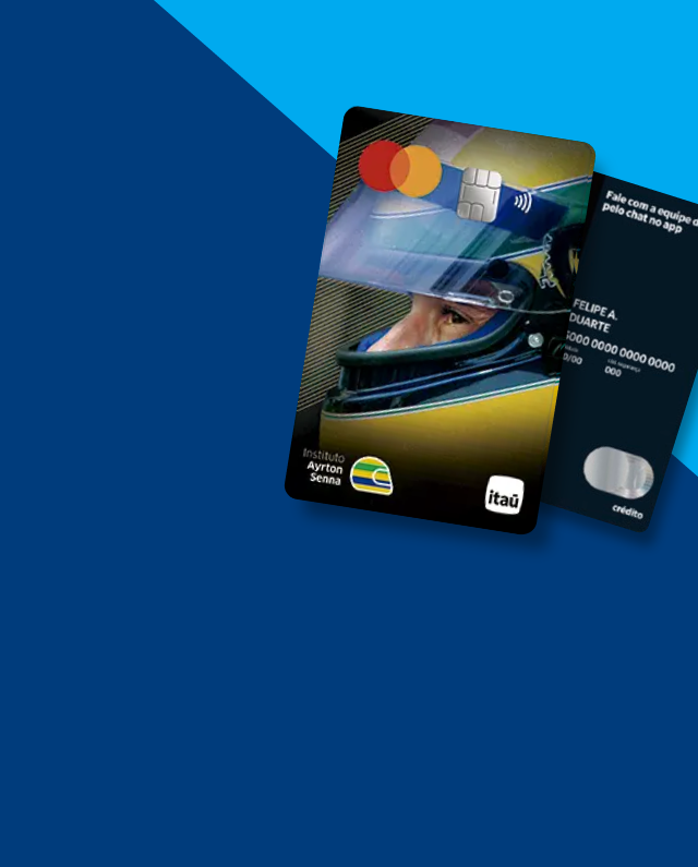 Dois cartões de crédito em um fundo azul; um apresenta um capacete de corrida e o logotipo da Mastercard, celebrando o Instituto Ayrton Senna, enquanto o outro é um cartão escuro simples com recursos de pagamento por aproximação e chip.