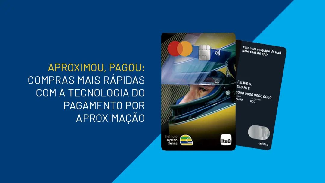 Dois cartões de crédito Itaú do Cartão Instituto Ayrton Senna são exibidos em um fundo azul, destacando a tecnologia de pagamento sem contato para compras mais rápidas.