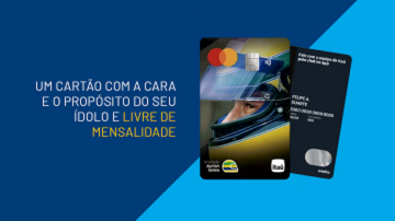 Imagem mostra um Cartão Instituto Ayrton Senna Itaú personalizado com o rosto de um piloto de Fórmula 1, ao lado do texto promocional sobre isenção de mensalidade.