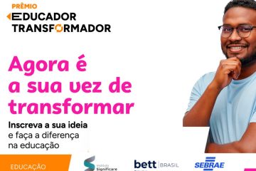Banner promovendo o Prêmio Educador Transformador 2025, que valoriza ideias inovadoras com apoio da IA e foco em desenvolvimento. Participe enviando sua proposta para melhorar a educação! Com logos dos patrocinadores e homem sorridente à direita.