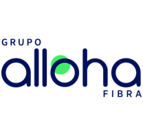 Logotipo do Grupo Alloha Fibra, com o nome da empresa em letras minúsculas azuis e um ponto verde sobre o primeiro "o" de "alloha" em um fundo branco, criando um visual moderno adequado para eventos como o MDF 2025.