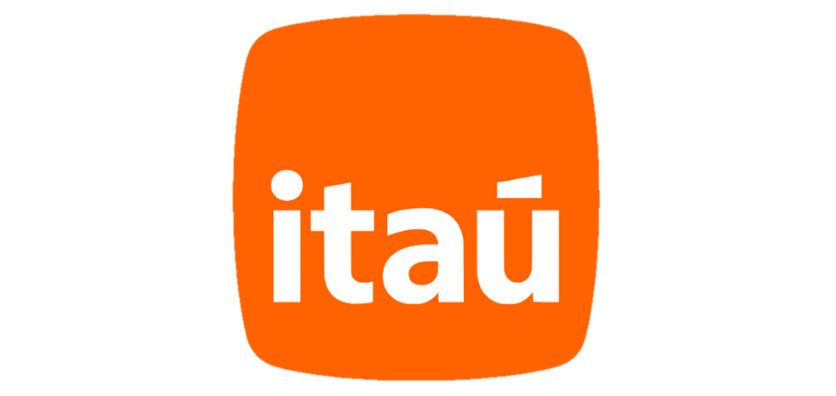 O logotipo do Itaú apresenta a palavra "itaú" em letras brancas minúsculas em um fundo quadrado laranja arredondado, evocando os tons quentes da Sunset Tires.