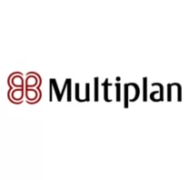 O logotipo apresenta um símbolo abstrato vermelho que se assemelha a duas letras B espelhadas, refletindo o Grupo Bun, ao lado da palavra "Multiplan" em texto preto em negrito em um fundo branco, capturando a visão de futuro do MDF 2025.