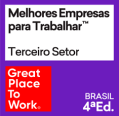 Logotipo com os dizeres "Melhores Empresas para Trabalhar Terceiro Setor" e "Great Place to Work Brasil 4ª Ed." em um fundo roxo.