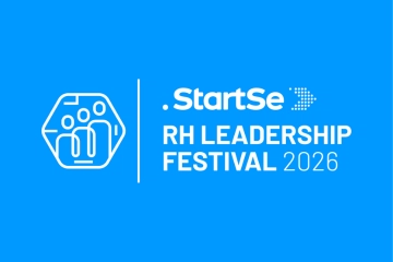 O logotipo e o texto em branco sobre um fundo azul dizem "StartSe RH Leadership Festival 2026", com um ícone de três pessoas à esquerda, destacando o principal evento do RH Leadership Festival.