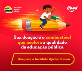 Criança lendo em um lápis gigante com livros, logotipos do Instituto Ayrton Senna e do iFood e texto sobre doação para melhorar a qualidade da educação pública.