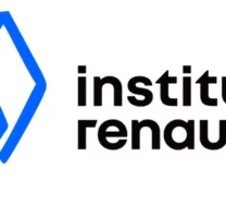 Logotipo geométrico azul ao lado do texto "instituto renault" em letras minúsculas pretas em um fundo branco.