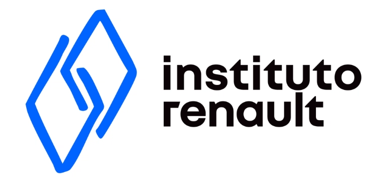 Logotipo geométrico azul ao lado do texto "instituto renault" em letras minúsculas pretas em um fundo branco.