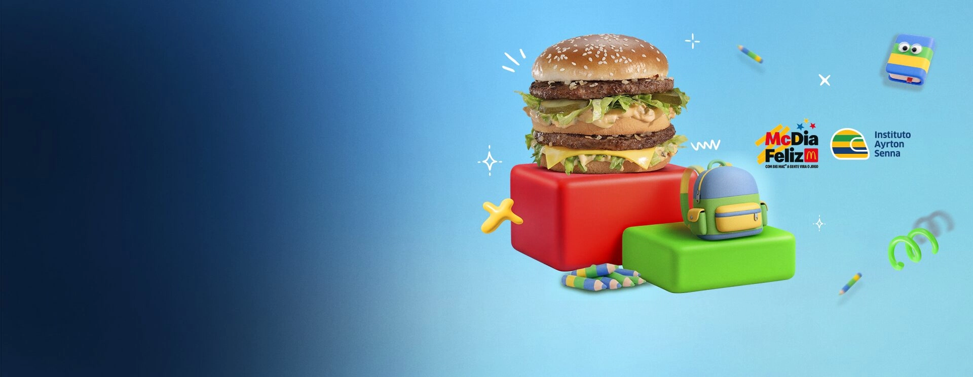 Um hambúrguer Big Mac repousa sobre blocos vermelhos e verdes, cercado por ícones com tema escolar e pelos logotipos do McDia Feliz e do Instituto Ayrton Senna, tudo isso sobre um fundo azul com degradê.